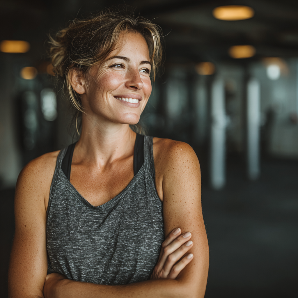 A confident middle-aged woman in her 40s wearing athletic gear, smiling after completing a workout session in a modern gym environment