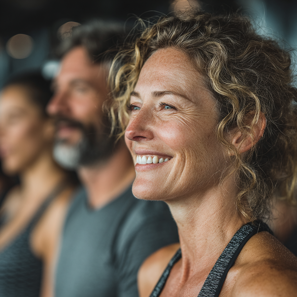 A diverse group of adults aged 40-55 working out together in a group fitness class, showing camaraderie and shared motivation in a modern gym setting