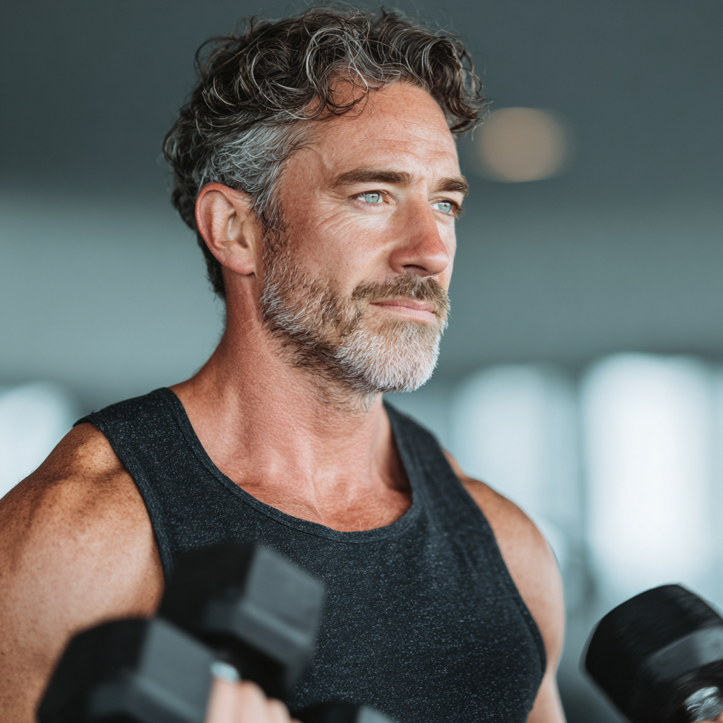 A fit man in his early 50s working out with dumbbells in a bright, modern fitness facility, showing proper form and concentration